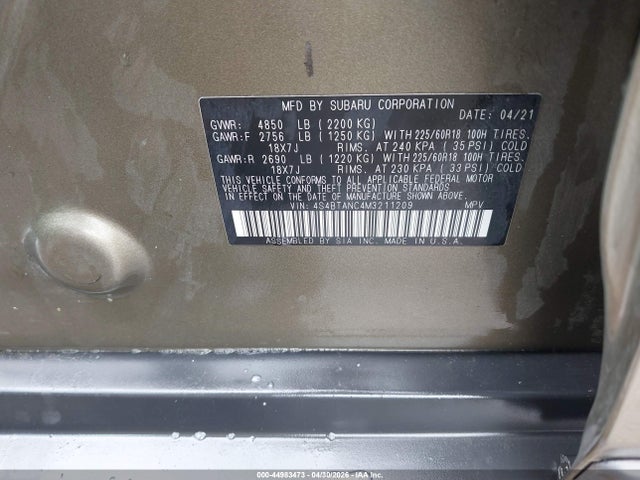2021 Subaru Outback Limited მანქანა იყიდება აუქციონზე, vin: 4S4BTANC4M3211209, აუქციონის ნომერი: 44983473
