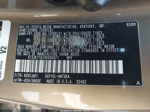 Aukcja sprzedaży 2009 Toyota Venza Base V6, vin: 4T3ZK11A79U008071, numer aukcji: 44983478
