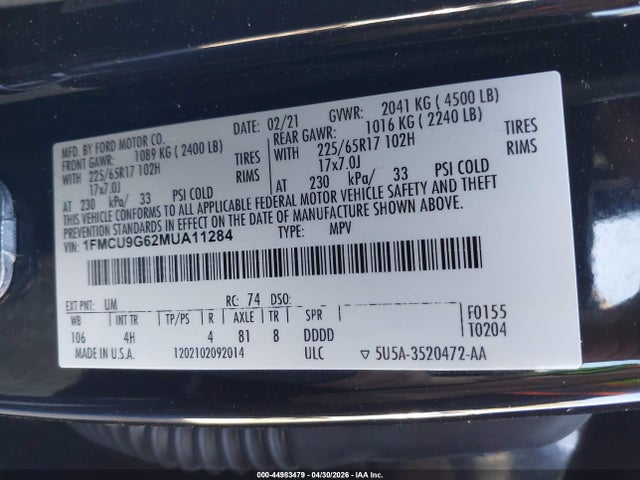 1FMCU9G62MUA11284 Ford ESCAPE SE