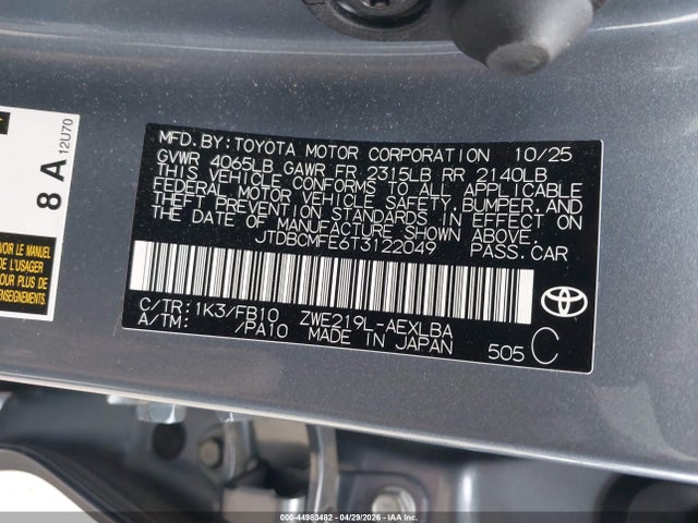 Продажа на аукционе авто 2026 Toyota Corolla Hybrid Hybrid Le, vin: JTDBCMFE6T3122049, номер лота: 44983482