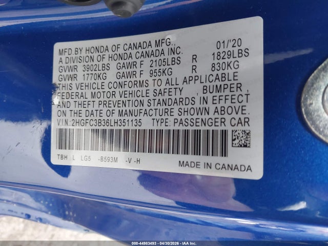 Aukcja sprzedaży 2020 Honda Civic Ex, vin: 2HGFC3B36LH351135, numer aukcji: 44983493