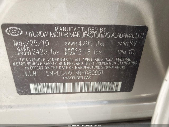 2011 Hyundai Sonata Gls მანქანა იყიდება აუქციონზე, vin: 5NPEB4AC3BH080951, აუქციონის ნომერი: 44983507