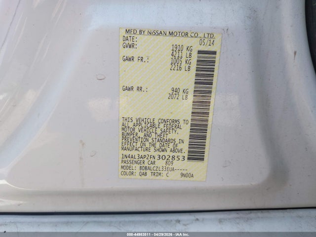 1N4AL3AP2FN302853 Nissan Altima 2.5/2.5 S/2.5 Sl/2.5 Sv