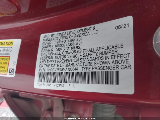 Продажа на аукционе авто 2021 Honda Accord Lx, vin: 1HGCV1F18MA103544, номер лота: 44983515