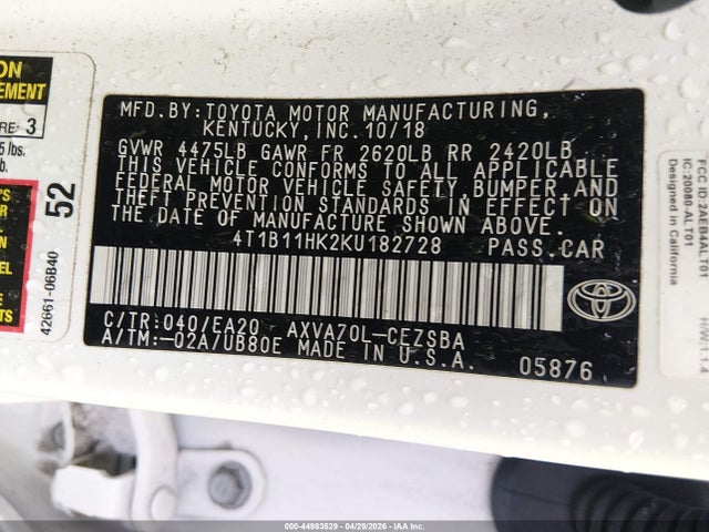 Aukcja sprzedaży 2019 Toyota Camry Se, vin: 4T1B11HK2KU182728, numer aukcji: 44983529