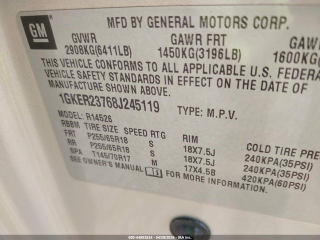 44983534 :رقم المزاد ، 1GKER23768J245119 vin ، 2008 Gmc Acadia Slt-1 مزاد بيع