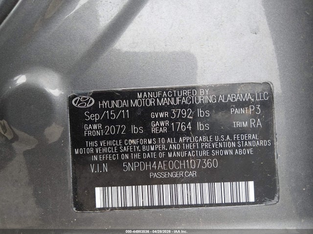 Aukcja sprzedaży 2012 Hyundai Elantra Gls, vin: 5NPDH4AE0CH107360, numer aukcji: 44983536