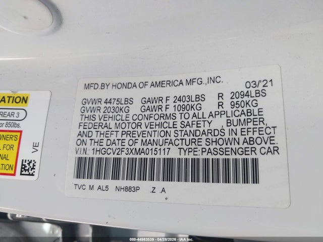 1HGCV2F3XMA015117 Honda Accord Sport 2.0t