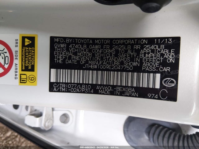 Aukcja sprzedaży 2014 Lexus Es 300h, vin: JTHBW1GG9E2047750, numer aukcji: 44983543