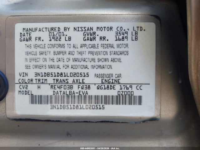 Продаж на аукціоні авто 2001 Nissan Sentra Ca, vin: 3N1DB51D81L020515, номер лоту: 44983551