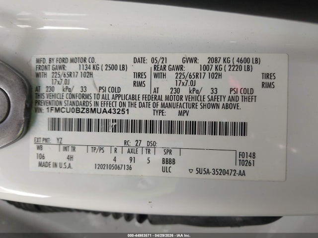 1FMCU0BZ8MUA43251 Ford Escape Se Hybrid