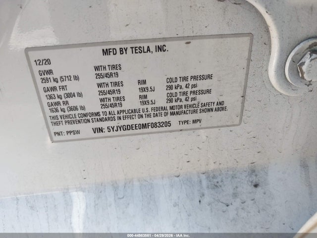 5YJYGDEE0MF083205 Tesla Model Y Long Range Dual Motor All-wheel Drive