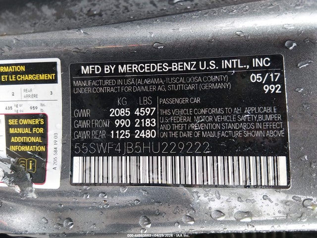 Продажа на аукционе авто 2017 Mercedes-benz C 300, vin: 55SWF4JB5HU229222, номер лота: 44983583