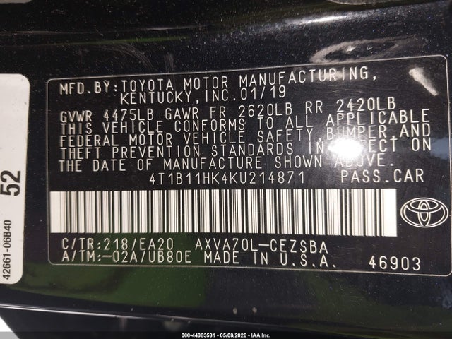 Toyota CAMRY SE 2019 4T1B11HK4KU214871 Image 9