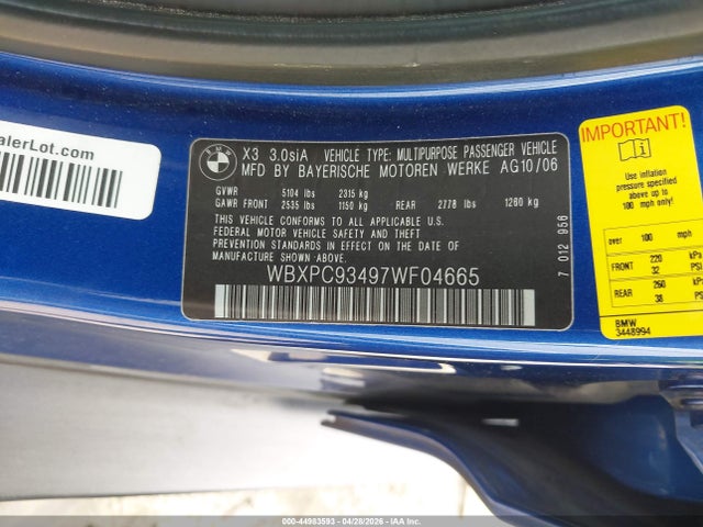 Продажа на аукционе авто 2007 Bmw X3 3.0si, vin: WBXPC93497WF04665, номер лота: 44983593