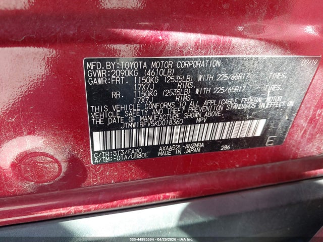 JTMW1RFV5KD018360 Toyota Rav4 Xle