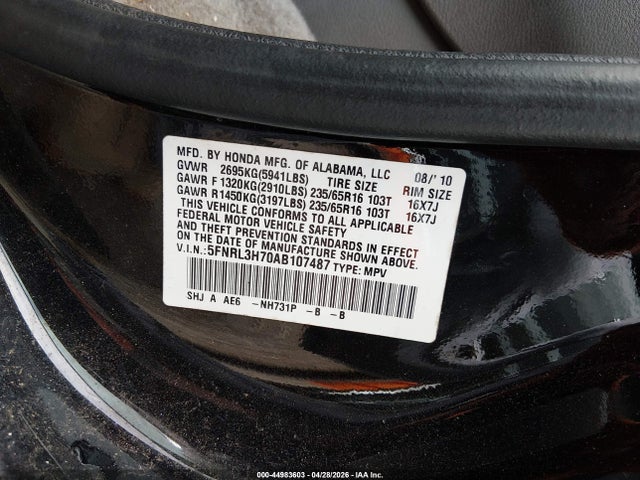 Продаж на аукціоні авто 2010 Honda Odyssey Ex-l, vin: 5FNRL3H70AB107487, номер лоту: 44983603