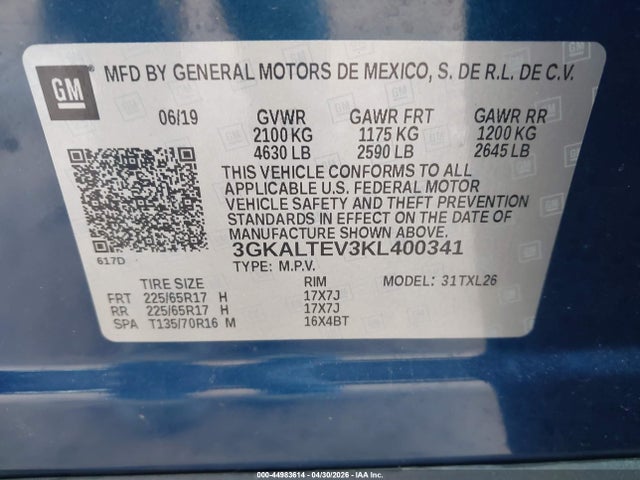 Aukcja sprzedaży 2019 Gmc Terrain Sle, vin: 3GKALTEV3KL400341, numer aukcji: 44983614