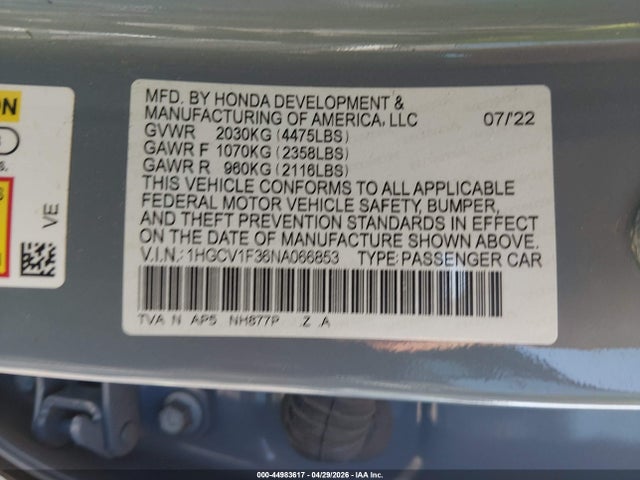 Aukcja sprzedaży 2022 Honda Accord Sport, vin: 1HGCV1F36NA066853, numer aukcji: 44983617