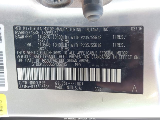 5TDDK3DC0GS135715 Toyota Sienna Limited 7 Passenger
