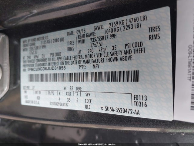 1FMCU9GD6JUD31055 Ford ESCAPE SE