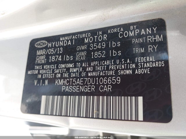 Aukcja sprzedaży 2013 Hyundai Accent Gs, vin: KMHCT5AE7DU106659, numer aukcji: 44983631
