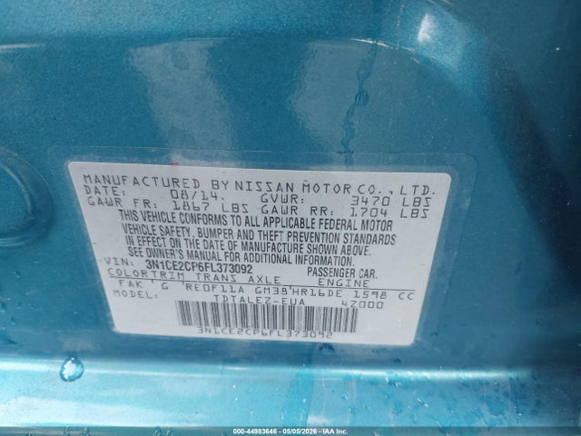 3N1CE2CP6FL373092 Nissan Versa Note S (sr)/s Plus/sl/sr/sv