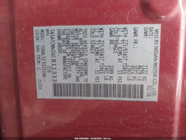 5N1AT2MV2GC811333 Nissan ROGUE SV