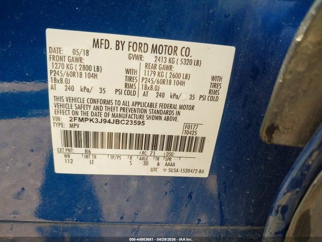 44983681 :رقم المزاد ، 2FMPK3J94JBC23595 vin ، 2018 Ford Edge Sel مزاد بيع