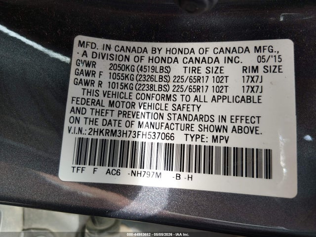 2HKRM3H73FH537066 Honda Cr-v Ex-l