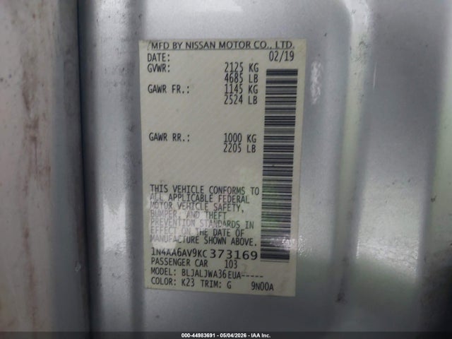 44983691 :رقم المزاد ، 1N4AA6AV9KC373169 vin ، 2019 Nissan Maxima 3.5 Sv مزاد بيع