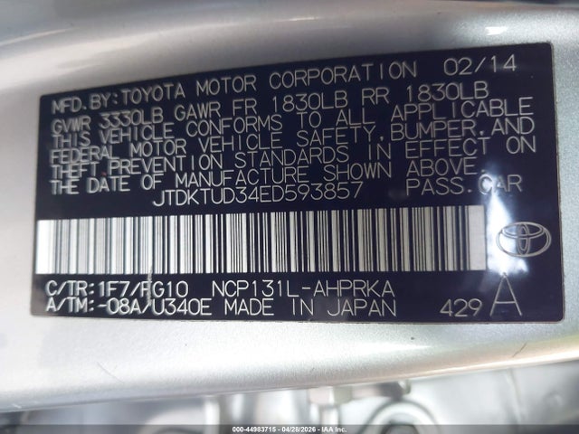 JTDKTUD34ED593857 Toyota Yaris Le (tmc/cbu Plant)