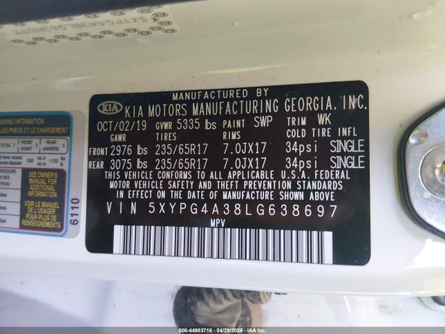 5XYPG4A38LG638697 KIA Sorento 2.4l Lx