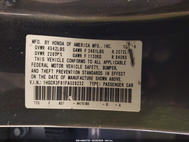 Honda Accord Ex-l V-6 2015 1HGCR3F81FA009232 Image 9