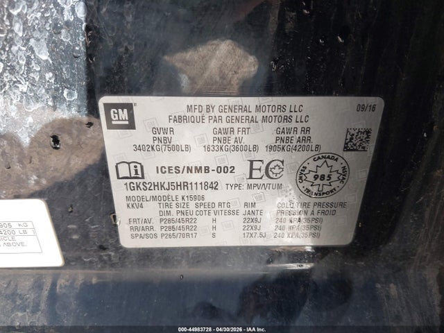 44983728 :رقم المزاد ، 1GKS2HKJ5HR111842 vin ، 2017 Gmc Yukon Xl Denali مزاد بيع