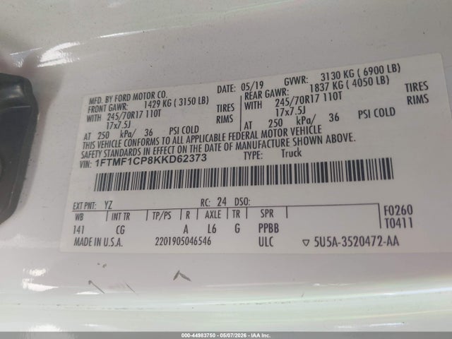 Aukcja sprzedaży 2019 Ford F-150 Xl, vin: 1FTMF1CP8KKD62373, numer aukcji: 44983750