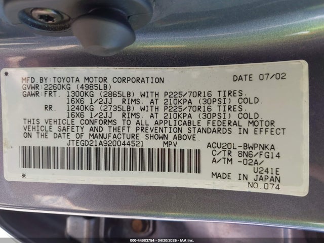 Aukcja sprzedaży 2002 Toyota Highlander, vin: JTEGD21A920044521, numer aukcji: 44983754