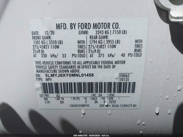 44983755 :رقم المزاد ، 5LMYJ8XY0MNL01458 vin ، 2021 Lincoln Aviator Grand Touring مزاد بيع