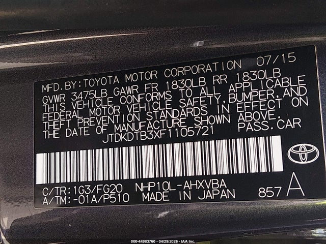 JTDKDTB3XF1105721 Toyota Prius C Two