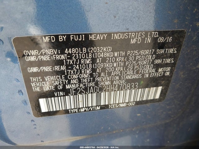 Aukcja sprzedaży 2017 Subaru Forester 2.5i Premium, vin: JF2SJAGC2HH470833, numer aukcji: 44983764