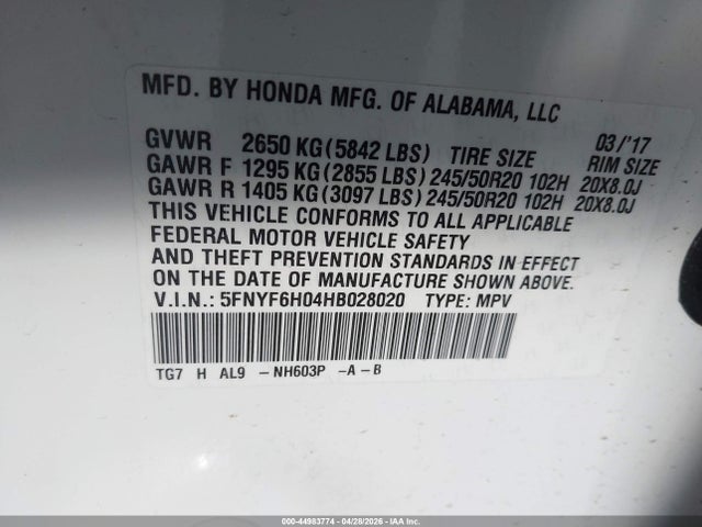 Honda Pilot Elite 2017 5FNYF6H04HB028020 Image 9