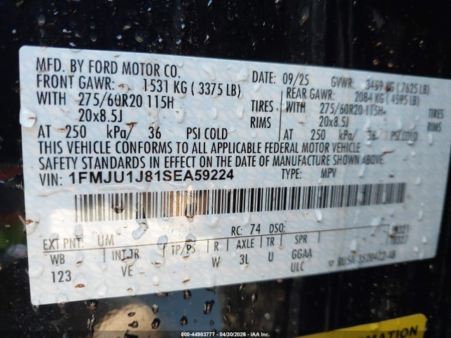 Продаж на аукціоні авто 2025 Ford Expedition Active, vin: 1FMJU1J81SEA59224, номер лоту: 44983777