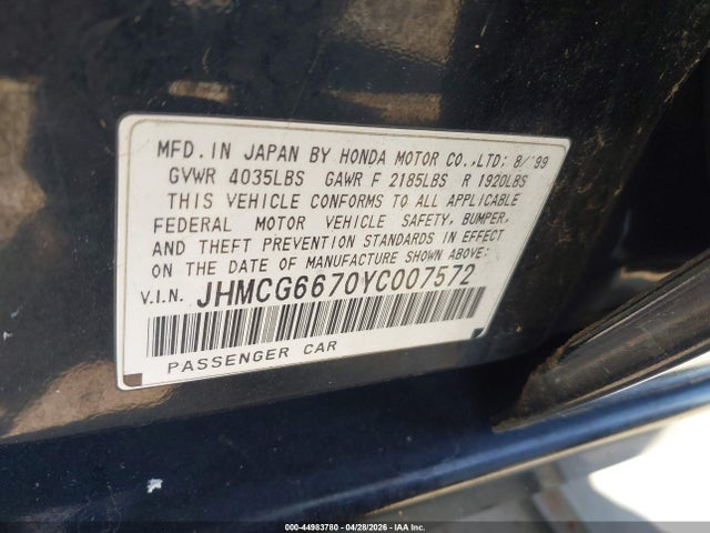 44983780 :رقم المزاد ، JHMCG6670YC007572 vin ، 2000 Honda Accord 2.3 Ex مزاد بيع