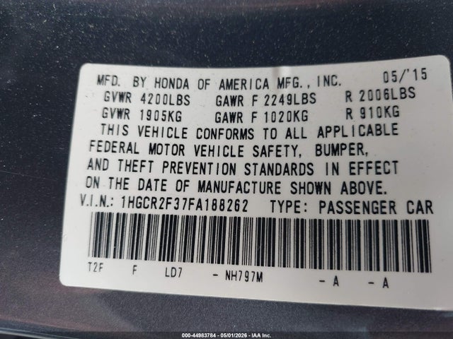 Продажа на аукционе авто 2015 Honda Accord Lx, vin: 1HGCR2F37FA188262, номер лота: 44983784