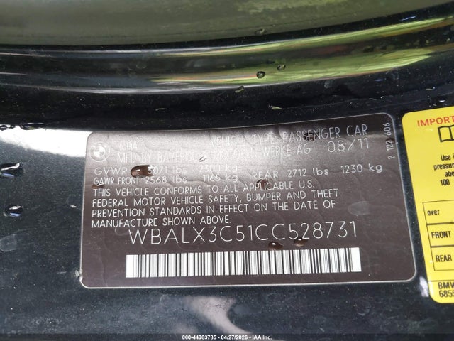 2012 Bmw 650i მანქანა იყიდება აუქციონზე, vin: WBALX3C51CC528731, აუქციონის ნომერი: 44983785