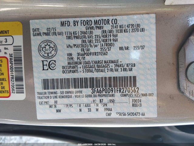 3FA6P0D91FR270562 Ford Fusion Titanium