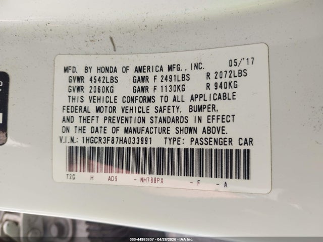 1HGCR3F87HA033991 Honda Accord Ex-l V6