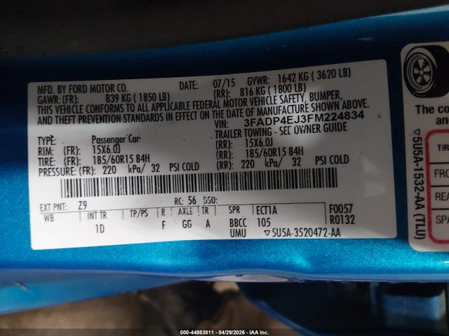 Aukcja sprzedaży 2015 Ford Fiesta Se, vin: 3FADP4EJ3FM224834, numer aukcji: 44983811