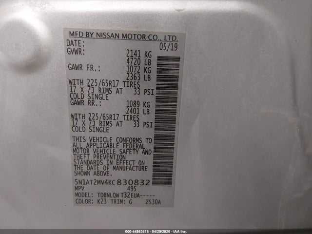 Продаж на аукціоні авто 2019 Nissan Rogue Sv, vin: 5N1AT2MV4KC830832, номер лоту: 44983816