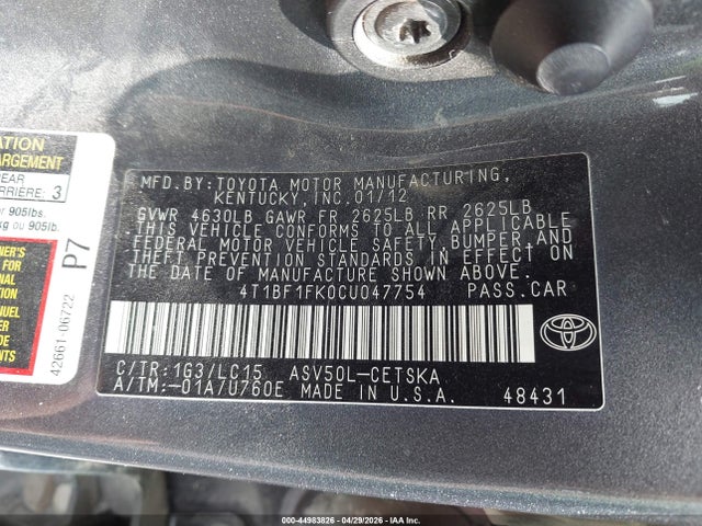 Aukcja sprzedaży 2012 Toyota Camry Se, vin: 4T1BF1FK0CU047754, numer aukcji: 44983826